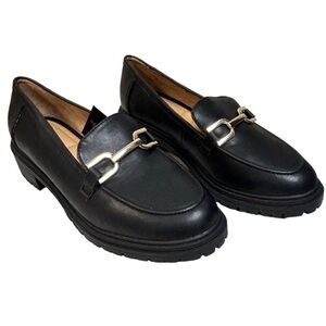 Rachel Zoe Mila Lug Sole Loafers Y2K Size 8.5
Black Metal Accent Chunk Heel